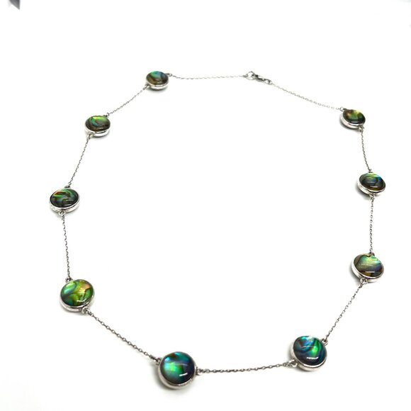 ABALONE SHELL MOTHER OF PEARL 925 STERLING SILVER STATION LINK NECKLACE 18" - Picture 10 of 16